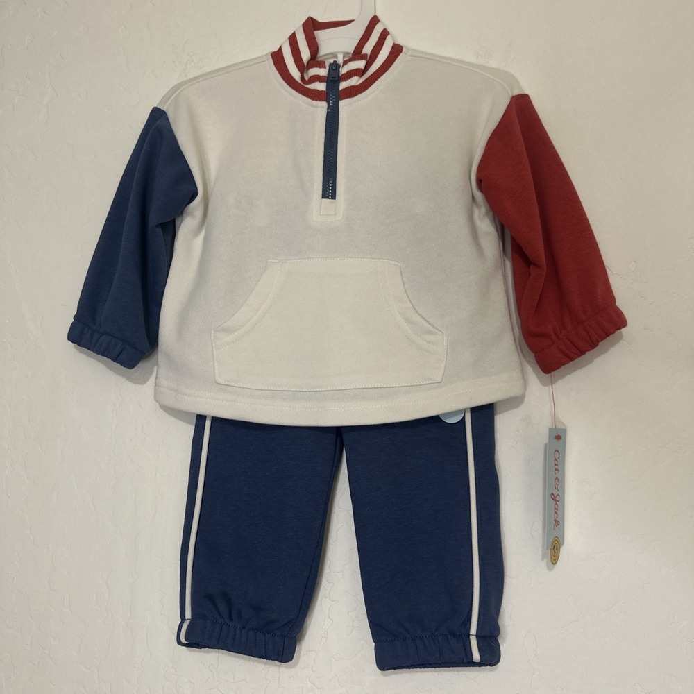 Cat‎ & Jack Baby Sweatsuit Blue White Red Set Size 12 Months NWT